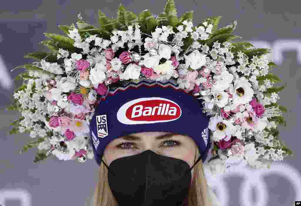 United States' Mikaela Shiffrin celebrates on the podium after winning the women's Giant Slalom event at the FIS Alpine Ski World Cup in Jasna, Slovakia, March 6, 2021.