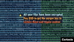 En esta ilustración se muestra un mensaje de supuestos piratas cibernéticos informando al usuario de que el contenido de su computadora ha sido secuestrada. [Foto de archivo]