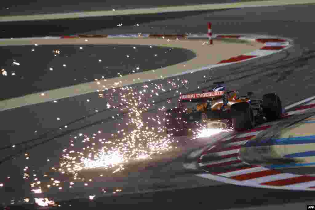 McLaren's Spanish driver Carlos Sainz Jr drives during the third practice session ahead of the Bahrain Formula One Grand Prix at the Bahrain International Circuit in the city of Sakhir, Dec. 5, 2020.