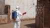 FILE - In this photo taken Friday, Nov. 14, 2014, a health worker sprays disinfectant near a mosque, after the body of a man suspected of dying from the Ebola virus was washed inside before being buried in Bamako, Mali. 