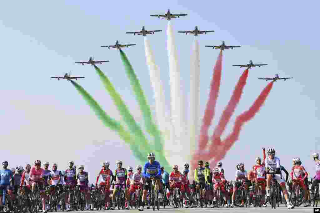 The Frecce Tricolori Italian Air Force aerobatic squad flying at the Rivolto air base prior to the 15th stage of the Giro d'Italia cycling race in Italy.