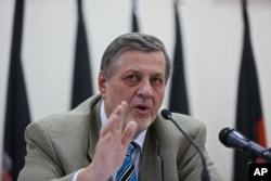 Jan Kubis, United Nation representative for Afghanistan, speaks during a press conference in Kabul, July 13, 2014.