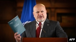(FILES) International Criminal Court (ICC) Prosecutor Karim Khan speaks during a press conference at the San Carlos Palace in Bogota, on April 25, 2024.