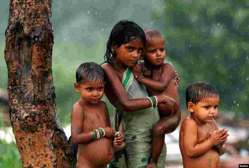 Anak-anak berteduh di bawah pohon saat hujan di New Delhi, India.