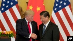 Tổng thống Mỹ Dondald Trump bắt tay Chủ tịch Trung Quốc Tập Cận Bình trong một chuyến thăm tới Bắc Kinh. Dù gọi virus corona là "virus Trung Quốc", ông Trump tránh chỉ trích ông Tập và muốn bảo vệ người Mỹ gốc Á.
