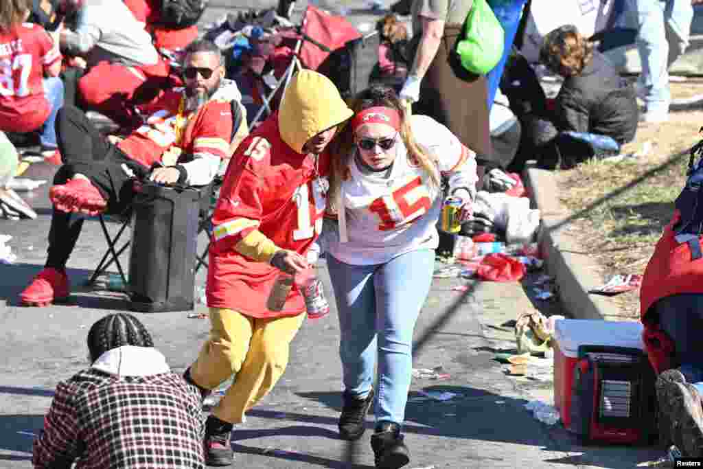 Fans leave the area after shots were fired after the celebration of the Kansas City Chiefs winning Super Bowl LVIII in Kansas City, Missouri, Feb. 14, 2024. (Credit: David Rainey-USA TODAY Sports)