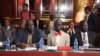 Opposition negotiators Hussein Mar Nyuot (L), and Mabior de Garang (C) at peace talks for South Sudan in Addis Ababa. 