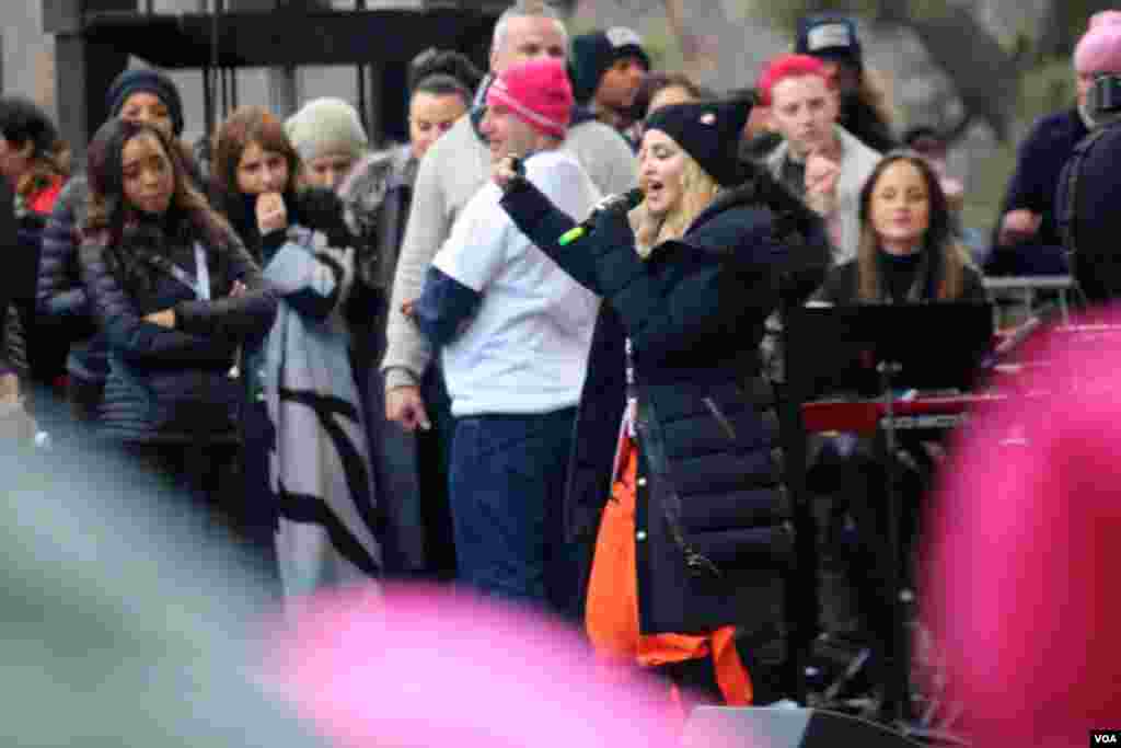 Madonna on stage at the Women's March in Washington, D.C., Jan. 21, 2017. (Photo: B. Allen / VOA)