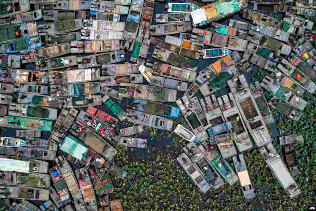 The aerial photo shows fishing boats to be dismantled are seen by Hongze Lake after a fishing ban was imposed in the area to protect resources, in Huaian in eastern China's Jiangsu province, Nov. 3, 2020.
