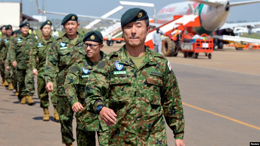 Japanese peacekeepers arrive at the Juba airport to participate in the United Nations Mission in South Sudan (UNMISS) in South Sudan's capital Juba, Nov. 21, 2016. 