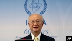 국제원자력기구 IAEA의 아마노 유키야 사무총장이 23일 오스트리아 빈에서 이사회 회의를 마친 후 기자회견을 하고 있다.