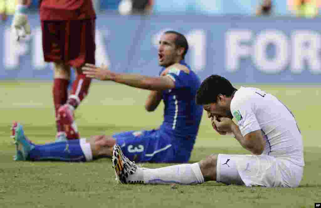 O jogador italiano Girogio Chiellini queixa-se após o uruguaio Luis Suarez ter corrido sobre o seu ombro e mordido, durante um jogo do grupo D entre o Uruguai e a Itália na Arena das Dunas em Natal, Brasil, Junho 24, 2014