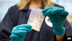 ARCHIVO - Una bolsa con fentanilo decomisado en una redada antidrogas es mostrada en el laboratorio de la Administración de Control de Drogas de EEUU (DEA, por sus siglas en inglés) en Sterling, Virginia, el 9 de agosto de 2016.