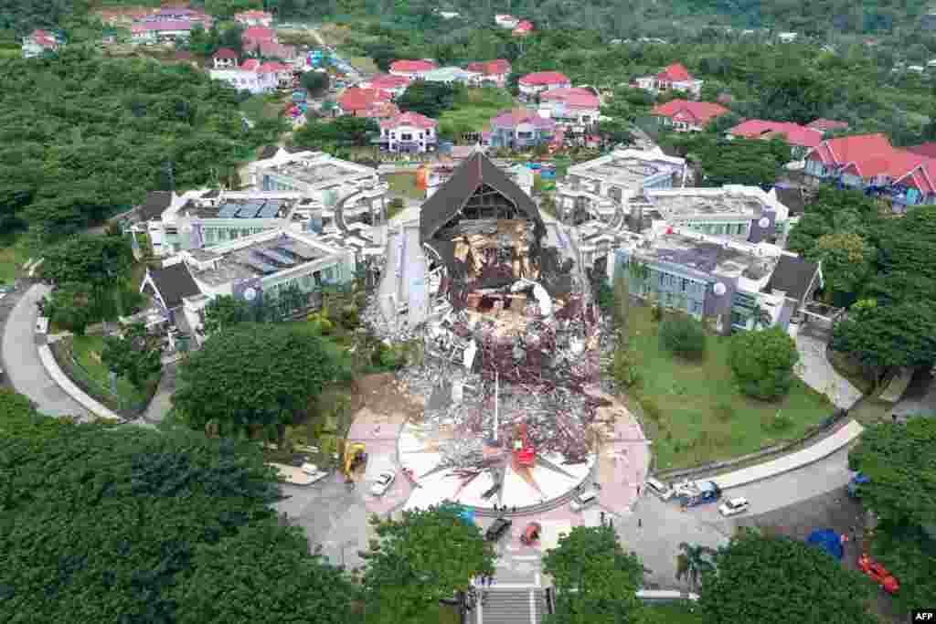 This aerial picture shows the Governor's office building damaged following a 6.2 magnitude earthquake in Mamuju, Indonesia.