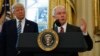 President Donald Trump listens as Attorney General Jeff Sessions speaks in the Oval Office of the White House in Washington, after Vice President Mike Pence administered the oath of office to Sessions. 