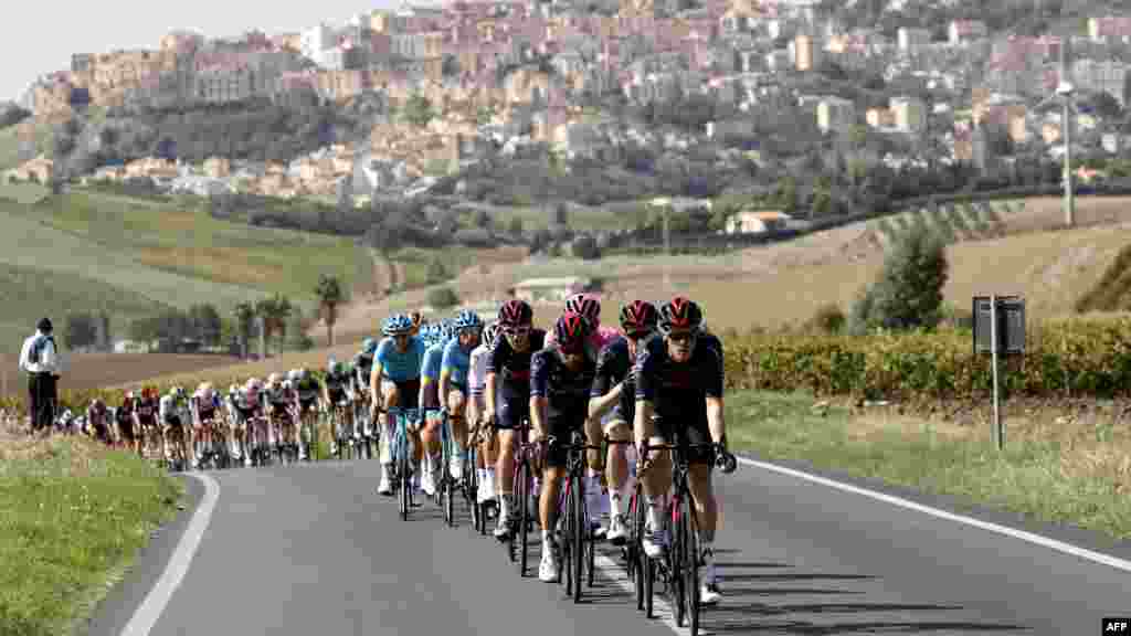 Cyclists rides during the second stage of the 2020 Giro d'Italia, a 149 km route between Alcamo and Agrigento, in Agrigento, Italy.