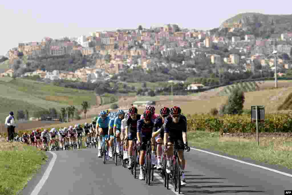 Cyclists rides during the second stage of the 2020 Giro d'Italia, a 149 km route between Alcamo and Agrigento, in Agrigento, Italy.