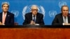 U.S. Secretary of State John Kerry (L) sits with U.N. Special Representative Lakhdar Brahimi (C) and Russian Foreign Minister Sergei Lavrov after a meeting on Syria at the UN offices in Geneva, Sept. 13, 2013. 