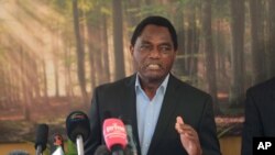 FILE - Zambian President elect Hakainde Hichilema addresses a press conference at his residence in Lusaka, Aug. 16, 2021.