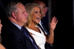 White House counselor Kellyanne Conway waves as she waits to hear Vice President Mike Pence speak on the third day of the Republican National Convention at Fort McHenry National Monument and Historic Shrine in Baltimore, Wednesday, Aug. 26, 2020.