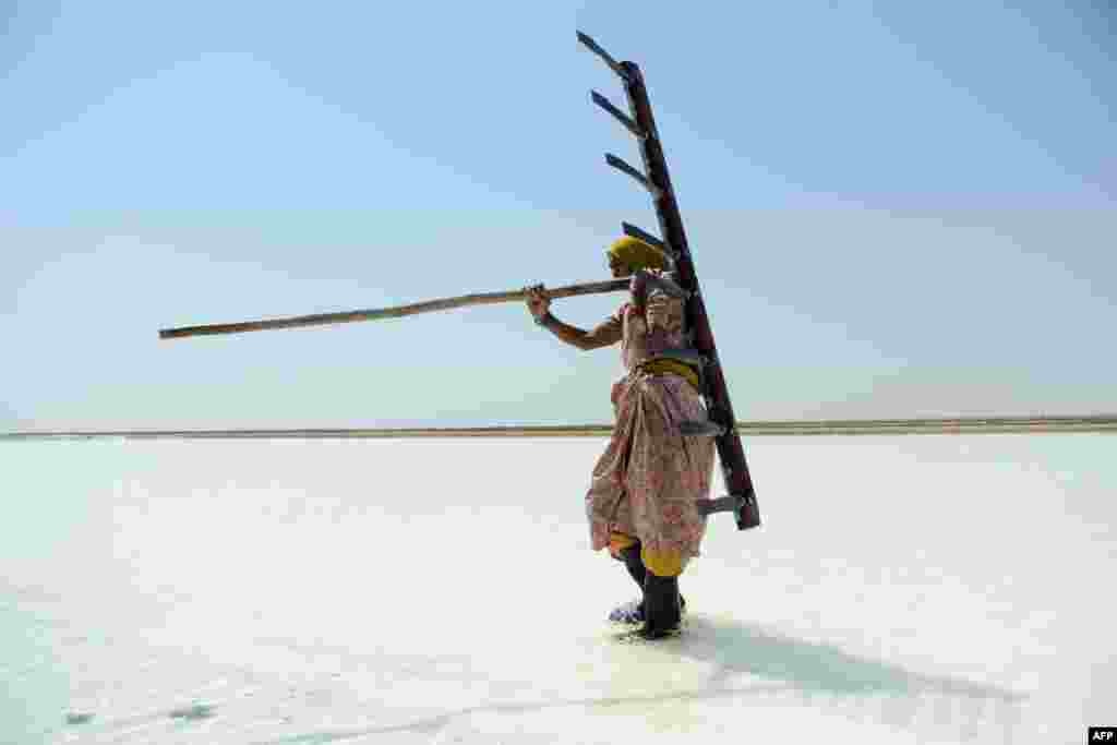 Indian salt worker Walbai Ayyubbhai, 70, carries a rake at a salt pan on the eve of International Women's Day in the Santalpur region of Little Rann of Kutch, some 240 kms from Ahmedabad, March 7, 2013.