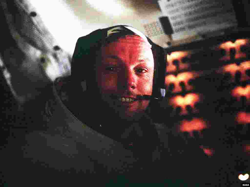 Astronaut Neil Armstrong, Apollo 11 Commander, inside the Lunar Module as it rests on the lunar surface after completion of his historic moonwalk, July 20, 1969.