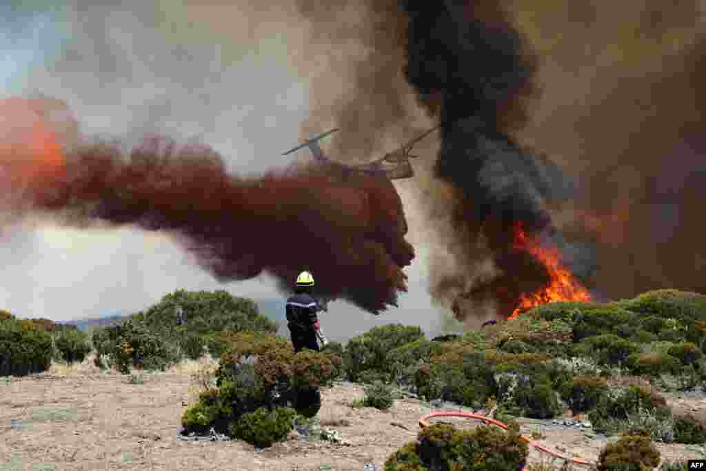 Firefighters extinguish a fire as a water bomber aircraft flies near Saint-Paul, on the French Indian Ocean island of La Reunion, Nov. 8, 2020.