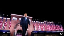President Donald Trump walks to the stage after Vice President Mike Pence delivered a speech on the third day of the Republican National Convention at Fort McHenry National Monument and Historic Shrine in Baltimore, Aug. 26, 2020.