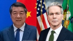 中国国务院副总理何立峰(左), 美国财政部长贝森特