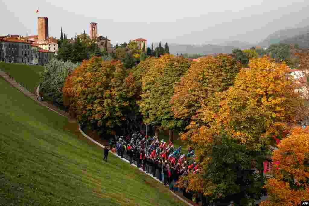 The pack rides during the 17th stage of the Giro d'Italia 2020 cycling race, a 203-kilometer route between Bassano del Grappa - Madonna di Campiglio, Italy.