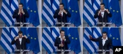 FILE - In this six photo series from top left, Greek Prime Minister Alexis Tsipras removes his tie at the end of his speech to lawmakers from his left-led governing coalition in Athens, June 22, 2018. Greek Prime Minister Alexis Tsipras has donned a neck tie, for the first time in more than three years in office, to celebrate the debt relief deal agreed by the country's creditors.