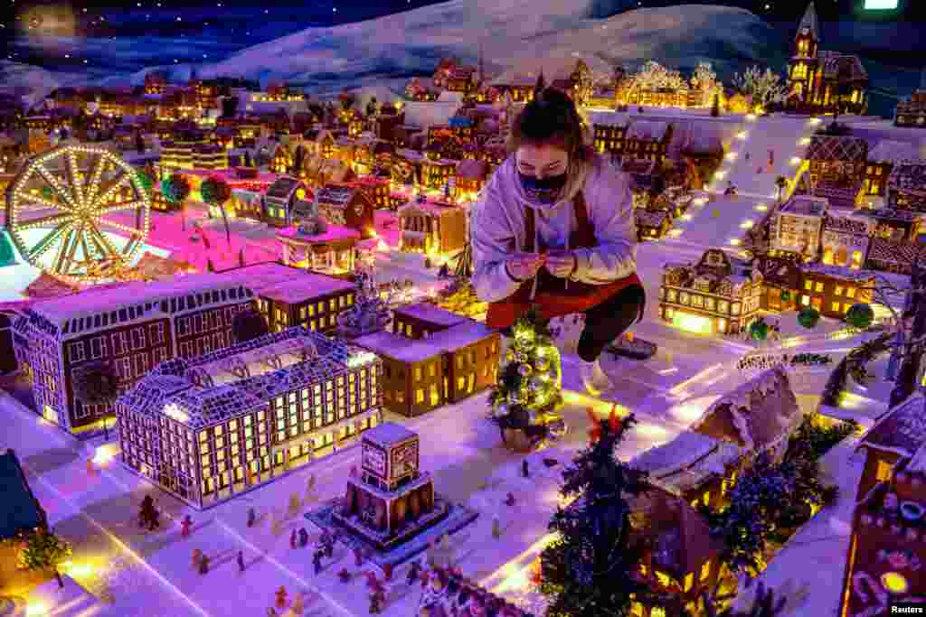 The Gingerbread Town, an annual pre-Christmas tradition consisting of miniature houses, trains, cars and ships, made from gingerbread, is pictured in Bergen, Norway.