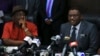 Nigeria's Minister of Health Onyebuchi Chukwu (R) speaks at a media briefing about the Ebola outbreak in Nigeria, while Interior Minister Abba Moro looks on, at the health minister's office in Abuja, Nigeria, Aug. 14, 2014.