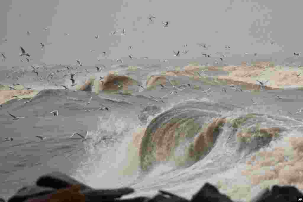 Seagulls fly over the rough sea as windy and stormy weather has been battering Italy, in Fiumicino near Rome.
