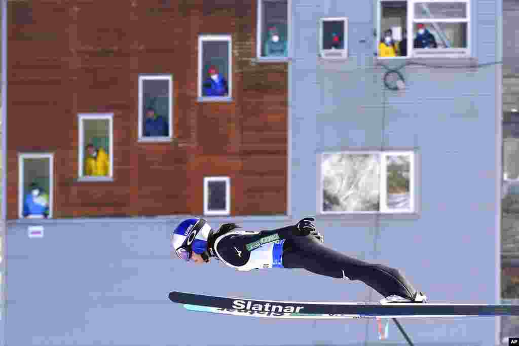 Japan's Sara Takanashi competes at the women's Ski Jumping World Cup event in Rasnov, Romania.