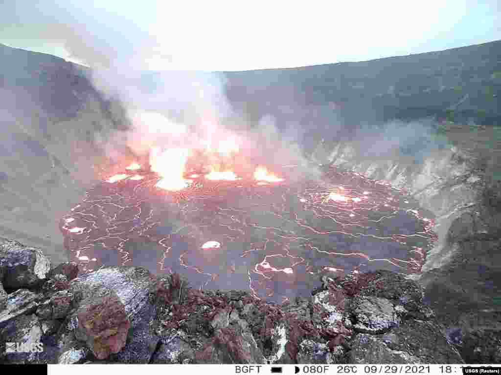 General view of lava surfacing on the Halema'uma'u crater of Kilauea volcano in Kilauea, Hawaii, Sept. 29, 2021, in this still image provided by the USGS surveillance camera.