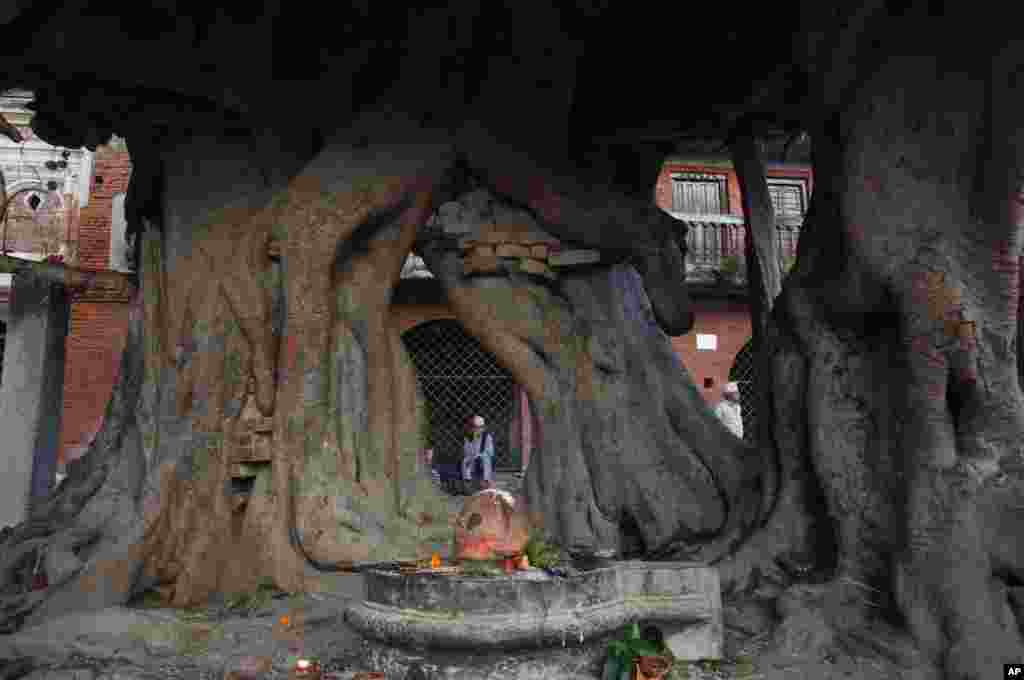 A Nepalese man rests after performing rituals during Kuse Aunsi, or Nepalese Father’s day at the Gokarneshwar Hindu temple in Kathmandu.