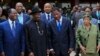 FILE - Ivory Coast's President Alassane Ouattara (L), Nigeria's President Goodluck Jonathan (2nd L), Benin's President Thomas Yayi Boni and Liberia President Ellen Johnson Sirleaf (R) are pictured at the 43rd (ECOWAS) Summit. 