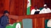 FILE - Nigeria's President Goodluck Jonathan (L) presents the 2013 budget proposal as Senate President David Mark (C) and House speaker Aminu Tambuwal look on at a joint sitting of the parliament in the capital Abuja, October 2012.