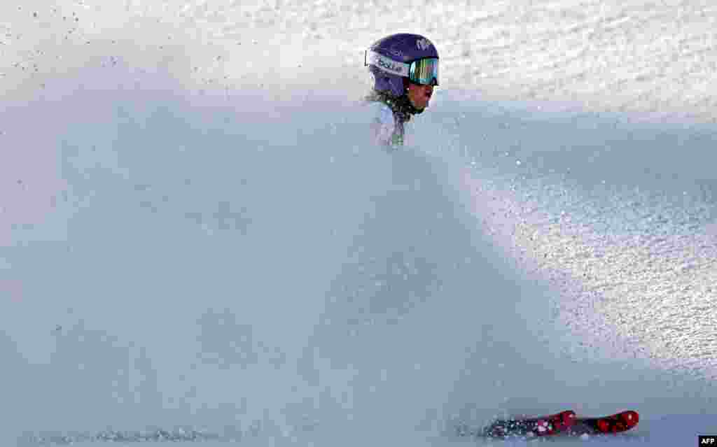 France's Tessa Worley arrives in the finish area and placed third of the women's giant slalom event during the FIS Alpine Ski World Cup in Courchevel, French Alps.