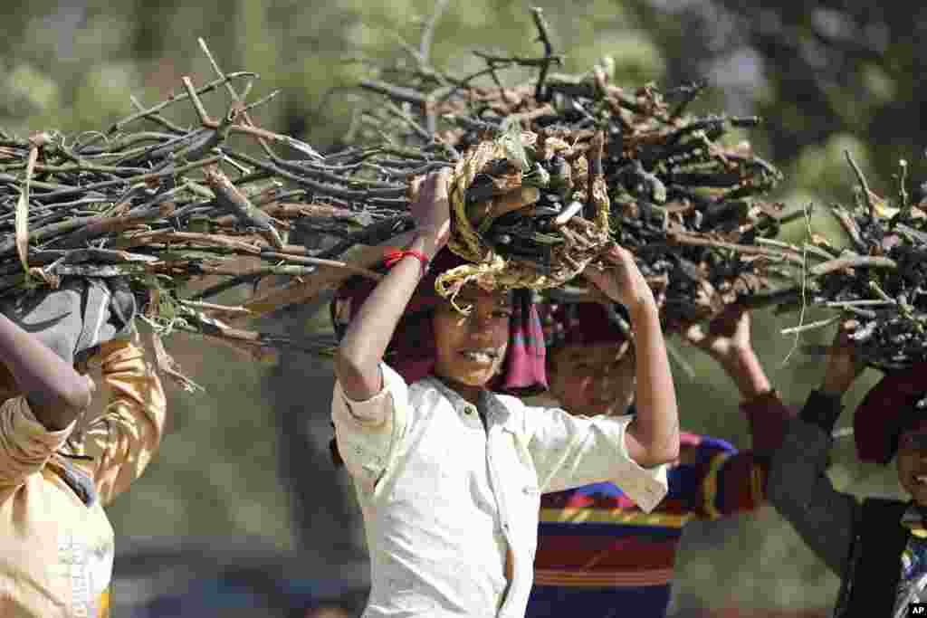Children carry firewood on the outskirts of Rae Bareli, India.