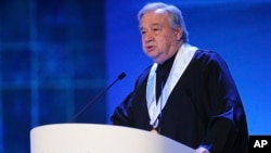 United Nations Secretary General Antonio Guterres delivers a speech in Lisbon, Feb. 19, 2018.