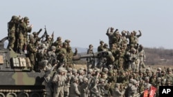 South Korean and U.S. army, gray, soldiers cheer after a live fire drill during the annual Foal Eagle maneuvers near Rodriguez Range in Pocheon, south of the demilitarized zone that divides the two Koreas, South Korea, March 15, 2012.