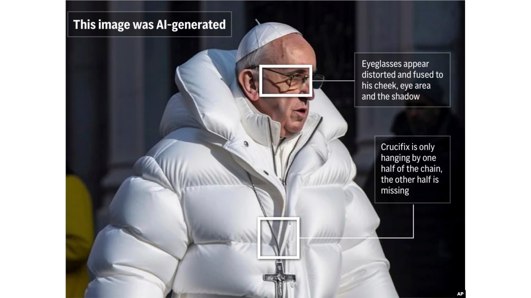 The following photo-illustrated graphic highlights a few notable areas of an AI-deepfake of Pope Francis. (AP)