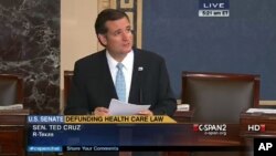 El senador republicano por Texas Ted Cruz, habla en el Senado en una foto de la televisión tomada a las 5:21 de esta mañana.