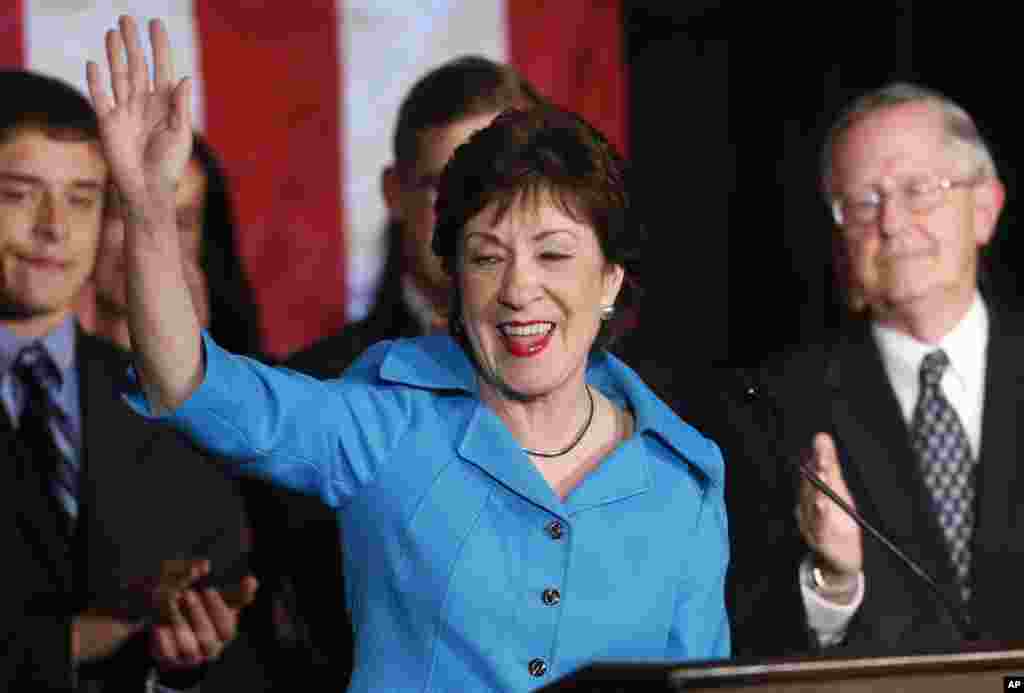Thượng nghị sĩ đương nhiệm Susan Collins của đảng Cộng hòa ăn mừng chiến thắng sau khi tái đắc cử tại Portland, Maine, ngày 4/11/2014.