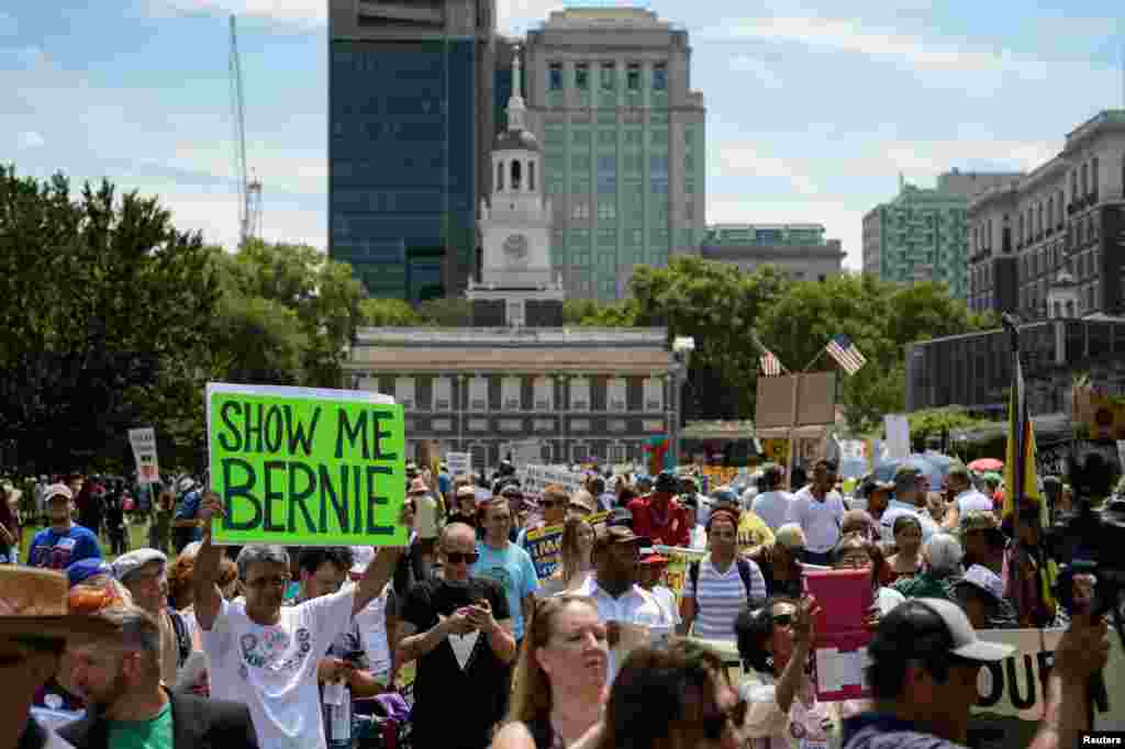 Protesters gather at Independence Park ahead of Monday's start of the Democratic National Convention in Philadelphia, July 24, 2016.