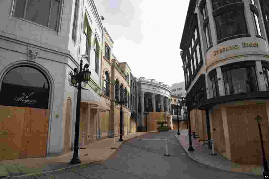 Luxury shops on Rodeo Drive are boarded up in anticipation of possible violent protests on Election Day in Beverly Hills, California.