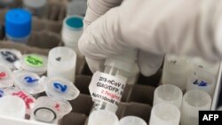 FILE - A researcher lifts a vial with a potential COVID-19 vaccine at Novavax labs in Gaithersburg, Maryland, March 20, 2020, one of the labs developing a vaccine for the coronavirus.