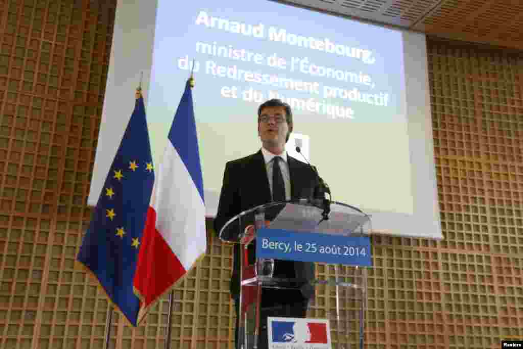 Outgoing French Economy Minister Arnaud Montebourg speaks at a news conference. Montebourg announced he would not seek a role in the reshuffled French government to be unveiled by the prime minister, Paris Aug. 25, 2014. 